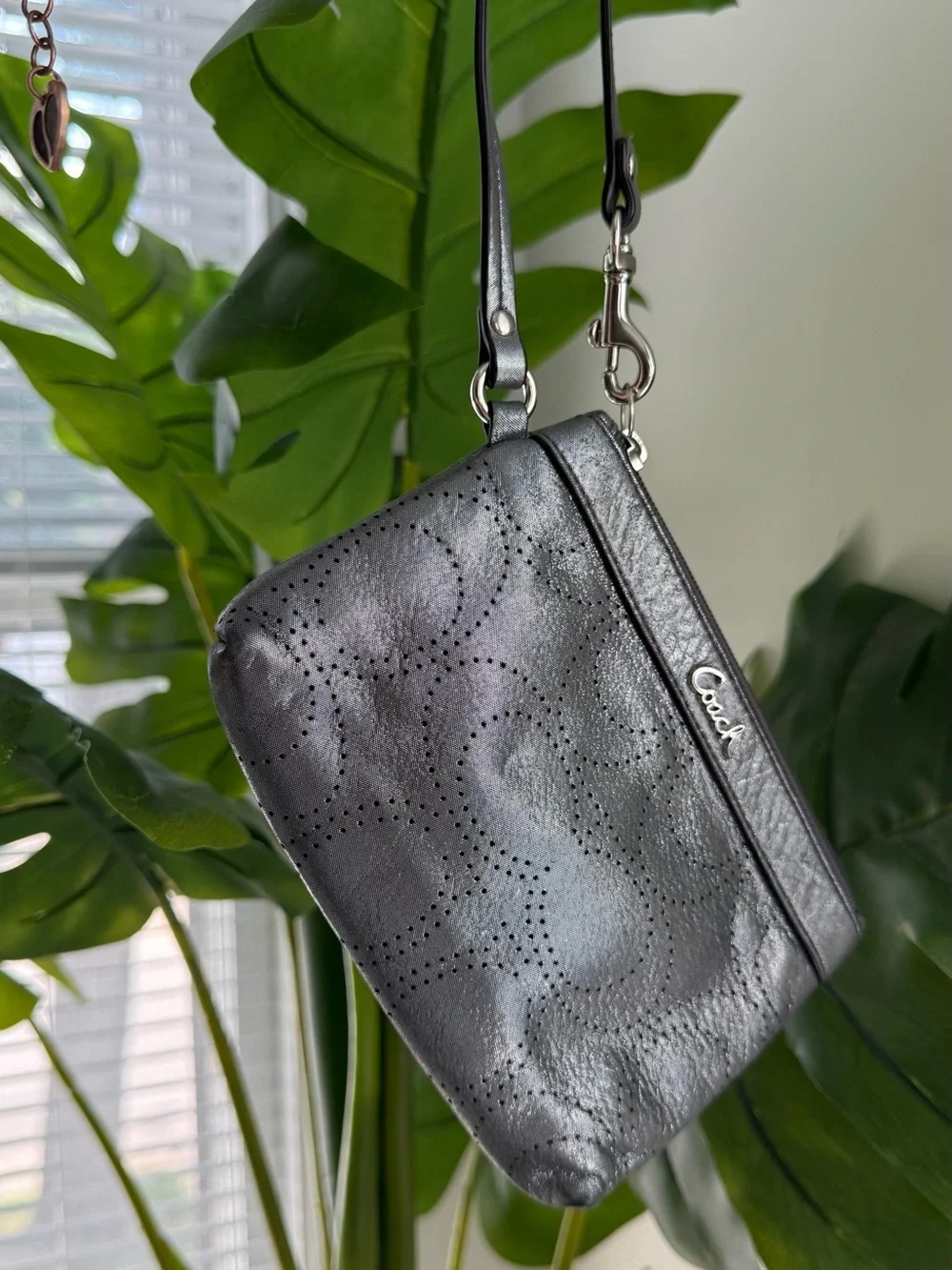 Coach Wallets Perforated Silver Metallic Leather Top Zip Detachable Wristlet